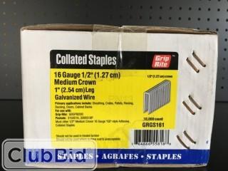 Qty of (15) Cases Collated Staples 16 Gauge 1/2" Medium Crown x 1" Leg Galvanized Wire (10,000 Pieces/Case)