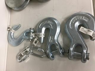 Lot of (2) 1/2" & (1) 3/8" Clevis Slip Hooks & (2) 3/8" Quick Links.