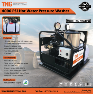 Unused Heavy Duty 4,000 PSI Hot Water Pressure Washer c/w Loncin 420cc Engine.