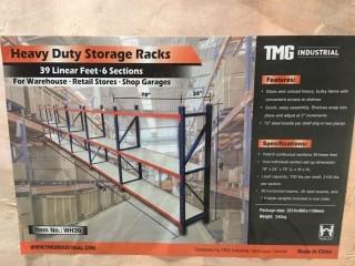 Unused (6) 39 Linear Feet Heavy Duty Warehouse Steel Shelving Racks.