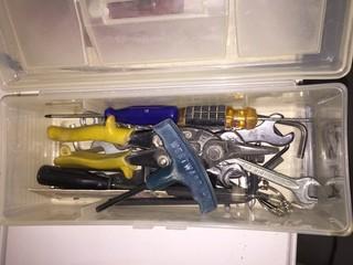 Small Plastic Tool Box Containing Hand Tools.