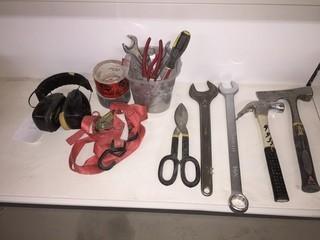 Lot of Assorted Hand Tools, Including Hammers, Wrenches & Ratchet Strap.
