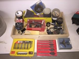 Wooden Crate Containing Spade Bit Set, Hole Saw Bits, Forstner Bits, Etc.