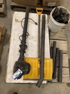 Pallet of Vacuum Attachments, Leaf Blower, Shovel and Ceiling Tiles (W-5,3,2)