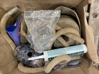 Quantity of 120 Grit and 220 Grit Emery Cloth, 7 1/4" Circular Saw Blades, Rope,  Sling, Weld Pipe Fittings, Funnel, Plug Adapters (W-5,4,1)