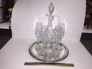 Silver Serving Tray with Crystal Decanter & (4) Crystal Champagne Flutes.
