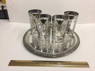 Silver Serving Tray with (4) Glasses.