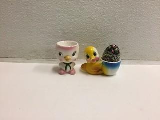 Lot of (2) Egg Cups with (1) Painted Egg.