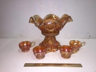 Marigold Carnival Glass Punch Bowl & (4) Cups.