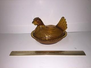 Amber Glass Hen Butter Dish.