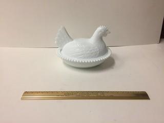 White Glass Hen Butter Dish.