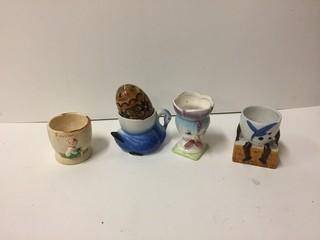 Lot of (4) Egg Cups with (1) Painted Egg.