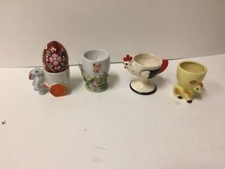 Lot of (4) Egg Cups with (1) Painted Egg.