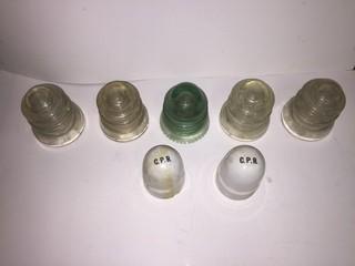 Lot of (2) CPR Ceramic Insulators & (5) Glass Insulators. 