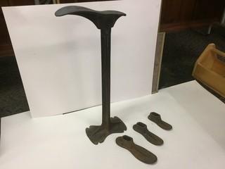 Cast Iron Cobbler Stand & (4) Shoe Molds.