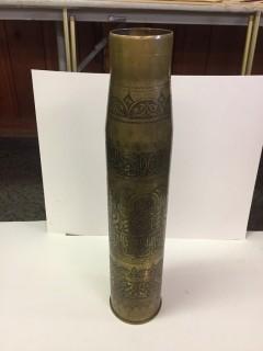 Hand Carved Artillery Shell Casing, 27 1/2" Tall.