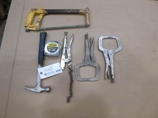 (1) Tooltech Hacksaw, (1) Framing Claw Hammer, (1) Stanley 26' Tape Measure, (1) Chain Vise Grip, (1) C-Clamp Vise Grips (E-2,4,1)