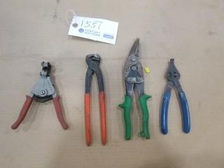 (1) Knipex Hose Clamp Pliers, Model 1099, (1) Gray Snap Ring Pliers, Model B138, (1) Jet Wire Stripping Tool, Model 730731, (1) Wiss Tin Snips  (E-2,4,1)