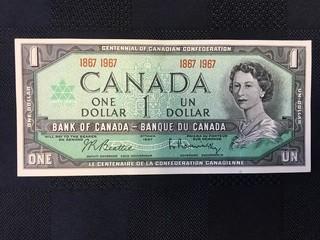 1967 Centennial One Dollar Bill, 1867 - 1967 Serial, Beattie - Rasminsky