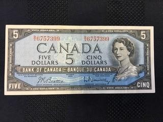 1954 Five Dollar Bill, Serial Prefix BX, Beattie - Rasminsky
