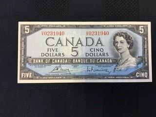 1954 Five Dollar Bill, Serial Prefix UX, Bouey - Rasminsky