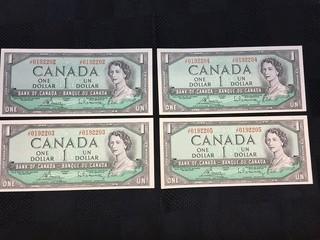 (4) Consecutive 1954 One Dollar Bills, Serial Prefix JF, Bouey - Rasminsky.