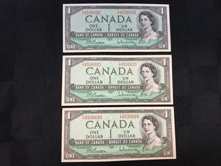 (3) Consecutive 1954 One Dollar Bills, Serial Prefix FF, Beattie - Rasminsky.