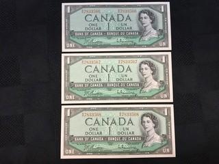 (3) Consecutive 1954 One Dollar Bills, Serial Prefix WN, Beatttie - Rasminsky.