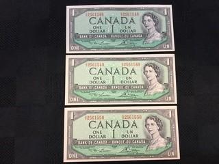 (3) Consecutive 1954 One Dollar Bills, Serial Prefix CI, Lawson - Bouey.