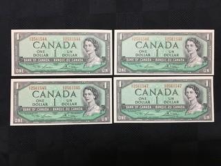 (4) Consecutive 1954 One Dollar Bills, Serial Prefix CI, Lawson - Bouey.