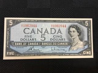 1954 Five Dollar Bill, Serial Prefix UX, Bouey - Rasminsky.