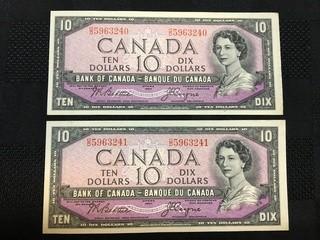 (2) Consecutive 1954 Ten Dollar Bills, Serial Prefix OD, Beattie - Coyne.