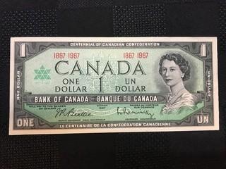 1967 Centennial One Dollar Bill, 1867 - 1967 Serial, Beattie - Rasminsky.