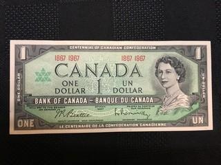 1967 Centennial One Dollar Bill, 1867 - 1967 Serial, Beattie - Rasminsky.