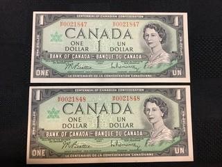 (2) Consecutive 1967 One Dollar Bills, Serial Prefix MP, Beattie - Rasminsky.