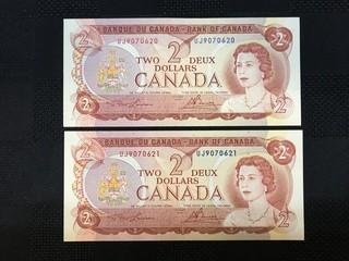 (2) Consecutive 1974 Two Dollar Bills, Serial Prefix UJ, Lawson - Bouey.