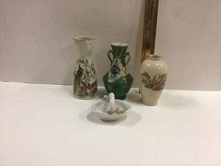 Lot of (3) Small Porcelain Vases & (1) Basket.