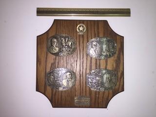 Texas Rangers Plaque with (4) Belt Buckles.