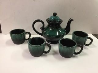 Blue Mountain Pottery Teapot & (4) Cups.