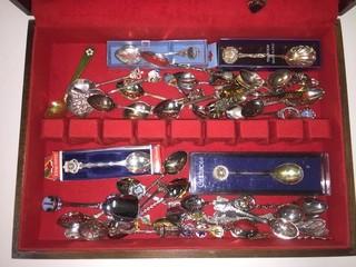 Wooden Box Containing Assorted Collectible Spoons.