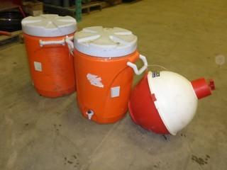 (2) Rubbermaid Water Cooler, (1) Bobber Floating Cooler  (E-5,3,1)