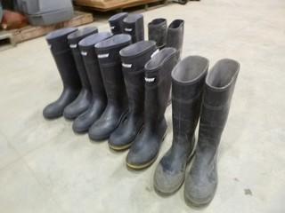 Container of Assorted Sized of Rubber Boots, (2) Pair Used Size 10-12, (2) Pair New Baffin Size 11, (1) Pair Baffin Size 10, (1) Pair Baffin Size 12  (E-3,2,1)