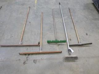 (3) Floor Squeegees, (1) Small Broom, (1) Garden Rake  (Elec Room)