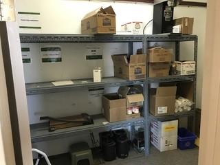 Contents of Storage Room including 3-sections of Shelving, Cups, Forks, Knives, Toilet Paper, etc.