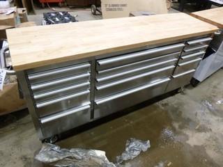 New 72" Stainless Steel 15 Drawer Tool Chest With Wood Top, 72”W x 18”D x 37.4”H