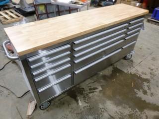 New 72" Stainless Steel 15 Drawer Tool Chest With Wood Top, 72”W x 18”D x 37.4”H *NOTE: Damaged*