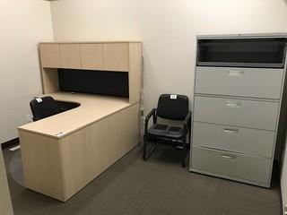 L-Shaped Desk w/ Overhead Hutch, 2 Side Chairs, 5-drawer Lateral Filing Cabinet.