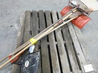 (1) Snow Shovel, Corn Broom, Dust Pan, Push Broom, & Rake