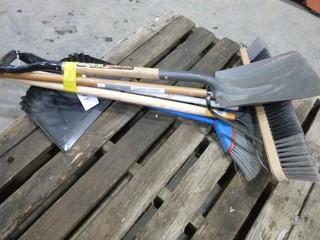 (1) Square Spade, Push Broom, Dust pan, Rake, House Broom, & Handle