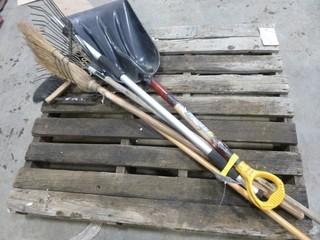 (1) Rake, Snow Shovel, Push Broom, Corn Broom, & Handle